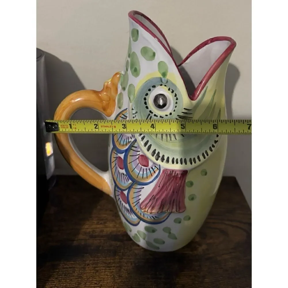 Vintage Solimene Vietri Italian Pottery Fish Pitcher/ Vase Hand Painted 10